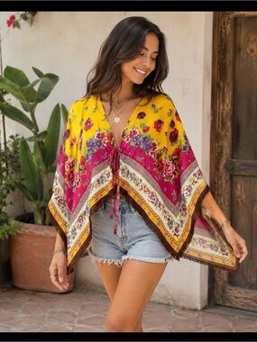 Betsey Johnson Yellow and Magenta Floral Poncho Top